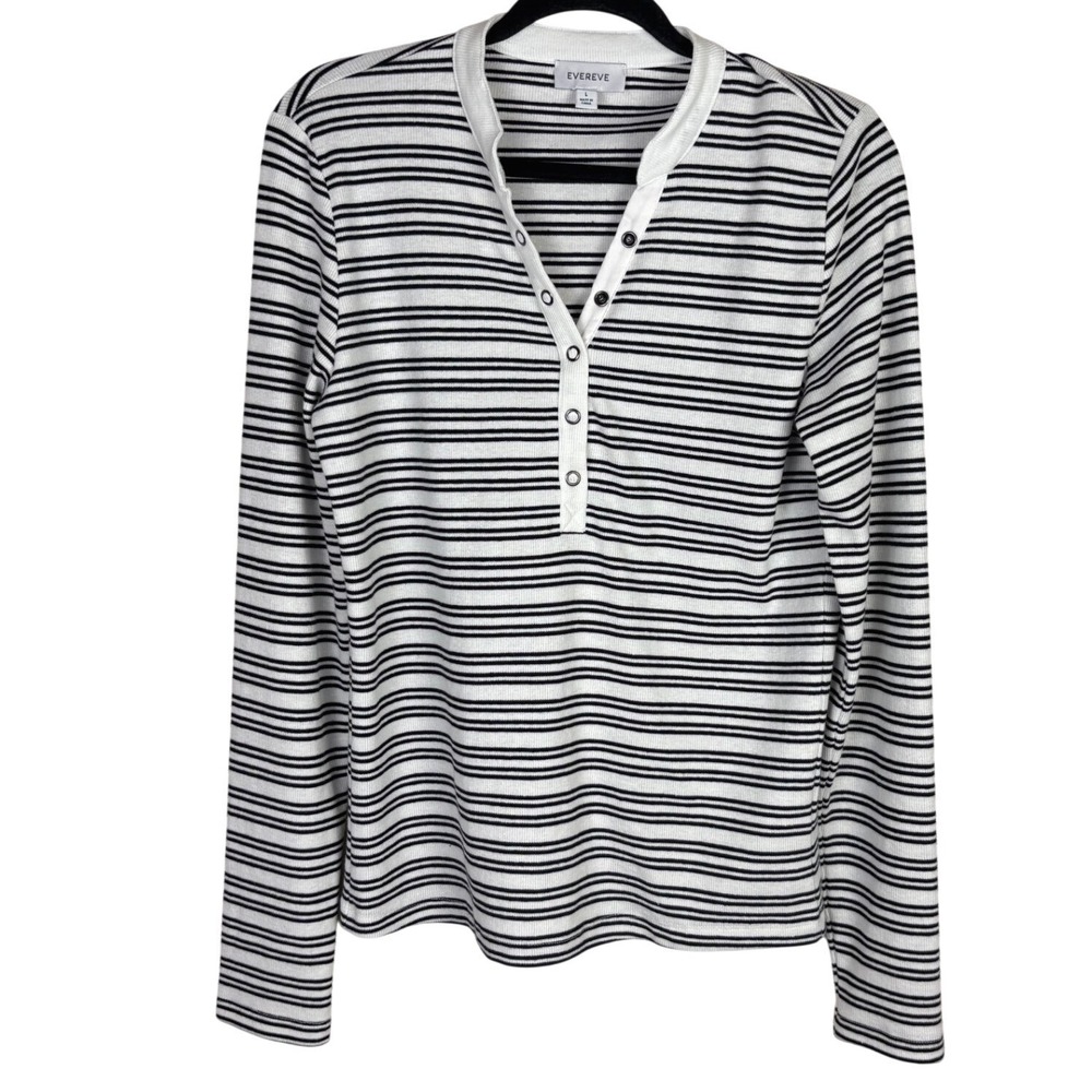 Evereve Milo Black White Striped Ribbed Long Sleeve Henley Top Large - Picture 4 of 5